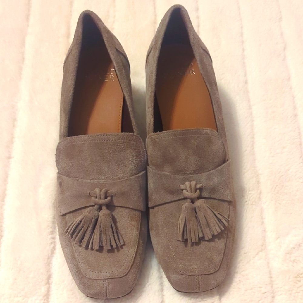 Donald J. Pliner Taupe Suede Kressida Loafers with Tassels And Block Heels
